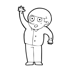 Cartoonish line drawing of a male eagerly raising his hand.